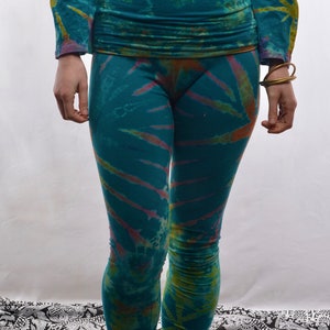 Leggings tie-dye coton lycra festival hippie Psy trance lutin femme unisexe Turquoise