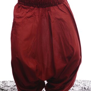 May include: A pair of loose-fitting, burgundy-colored pants with an elastic waistband. The pants are gathered at the ankles and have a flowing, relaxed fit.