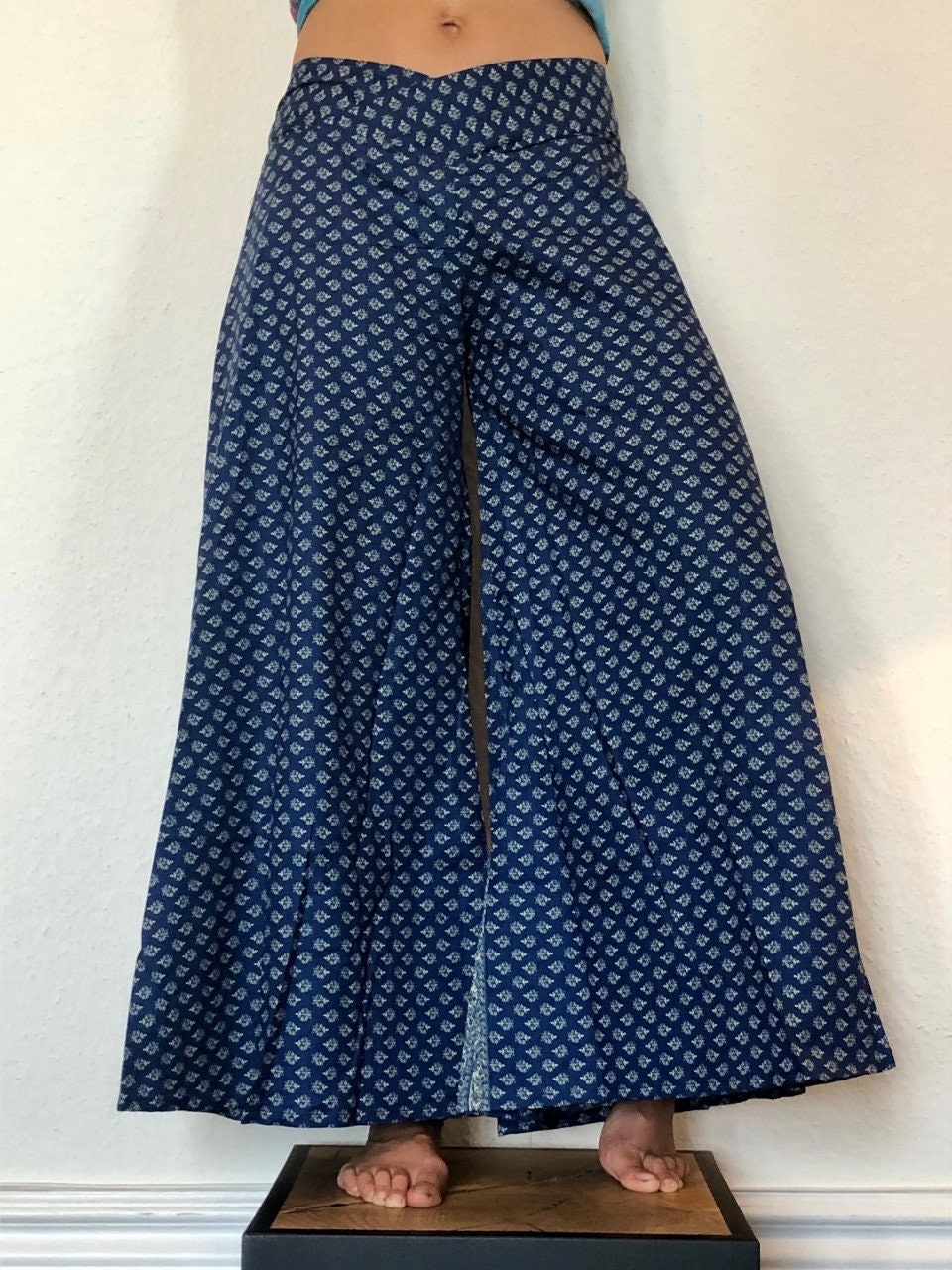 Image of Palazzo Trousers Extra Wide Leg Blue Cotton Flares