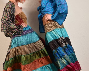 Recycled Silk Patchwork Maxi Skirt: Bohemian Hippie Festival Style