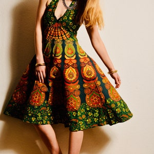 Peacock print dress Sun Beach Dress Halter neck retro style