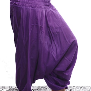 May include: Purple harem pants with a gathered elastic waistband. The pants are made of a soft, flowing fabric and have a wide, loose fit.