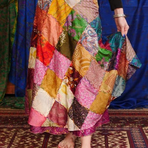 Colourful Wrap PATCHWORK SKIRT recycled sari patch wraparound hippy boho festival 100% silk