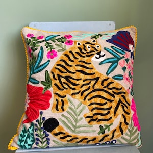 Folk Art Tiger embroidered pompom cotton Cushion cover, boho Mexican style, Large 19x19&quot;