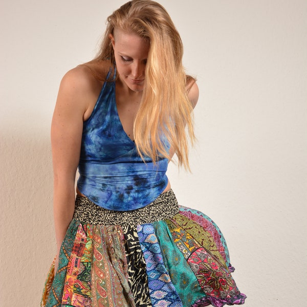 Colourful Pattern Recycled Patchwork Frill Mini Skirt