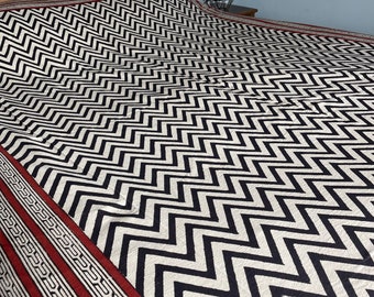 Hand Block Printed Chevron Bedspread: King/Double Natural Cotton Throw
