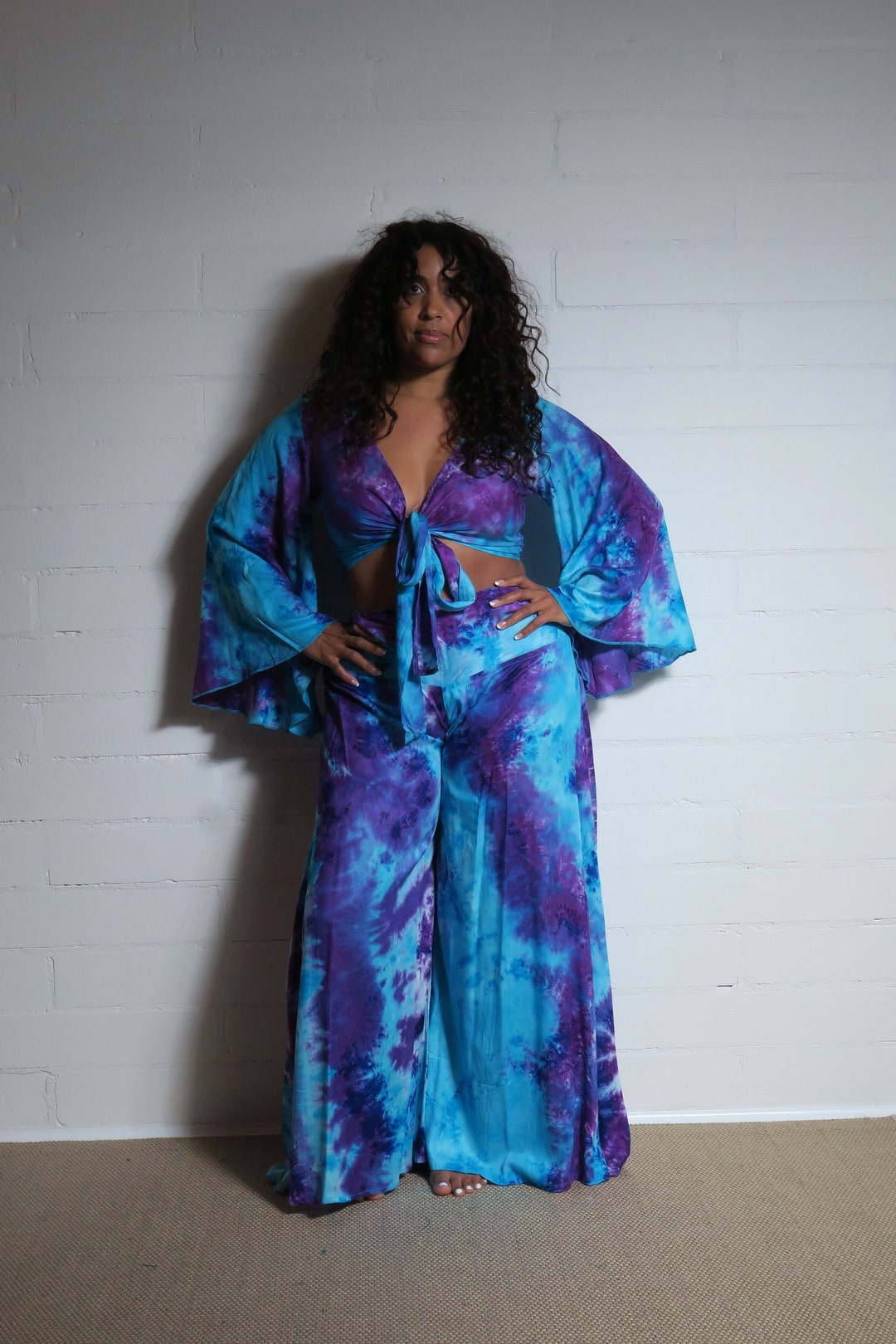 Bohemian Tie-Dye Spandex Hippie Chic Wide Leg Palazzo Maxi Pants (Black/Cream)
