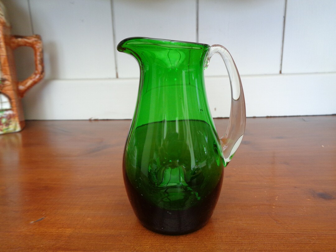 Green Glass Jug, Vintage Handblown Small Emerald Green Glass Jug