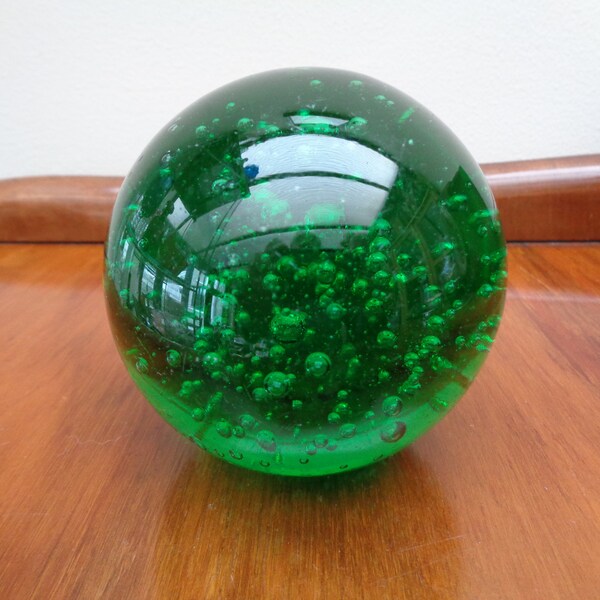 Green Paperweight, Vintage Green Bubbles Effect Glass Paperweight