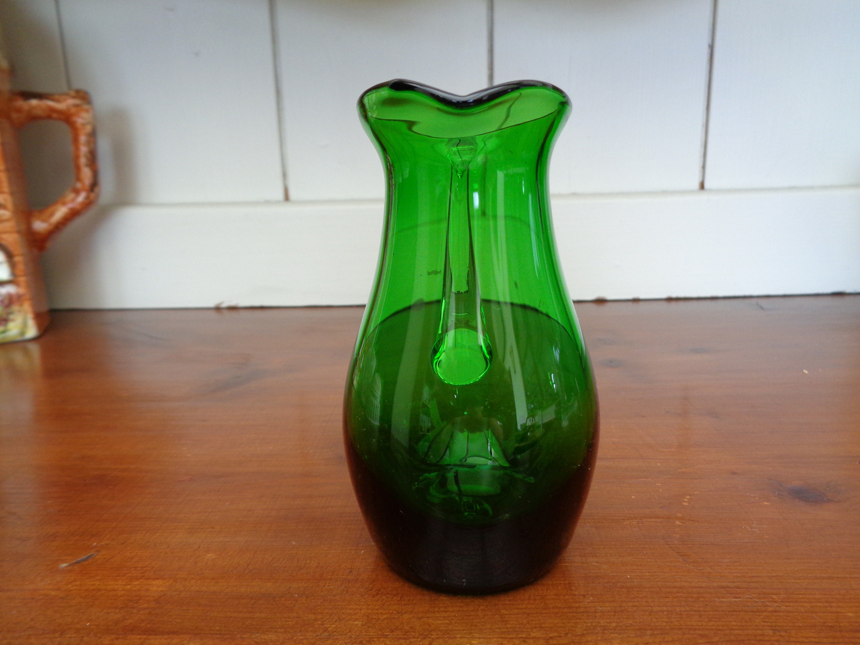 Green Glass Jug, Vintage Handblown Small Emerald Green Glass Jug
