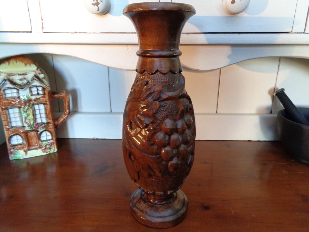 Vase, Decorative Hand Carved Wood Vase, Grape Vine Decorated Vase Etsy