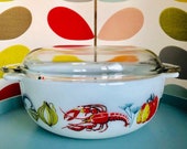 JAJ Pyrex Lobster Casserole Dish With Lid Vintage Retro Milk Glass Comfort Easy Grip Handles