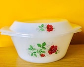 Vintage Arcopal French Pyrex Casserole Dish with Lid Rose pattern turquoise leaves Milk Glass