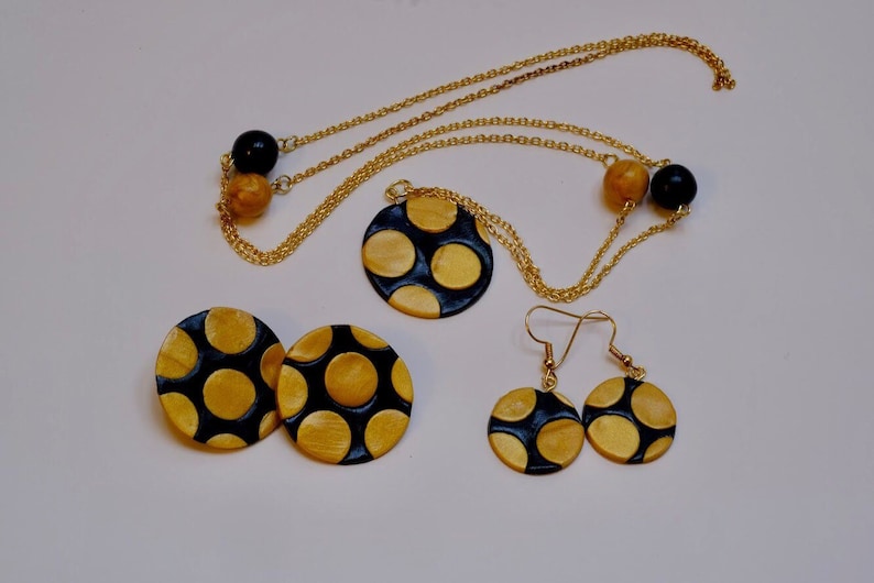 Black and gold polka dots jewelry polymer clay jewelry necklace and earring set handmade jewelry