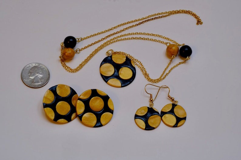 Black and gold polka dots jewelry polymer clay jewelry necklace and earring set handmade jewelry