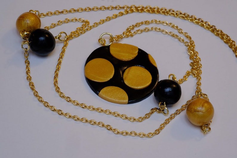 Black and gold polka dots jewelry polymer clay jewelry necklace and earring set handmade jewelry