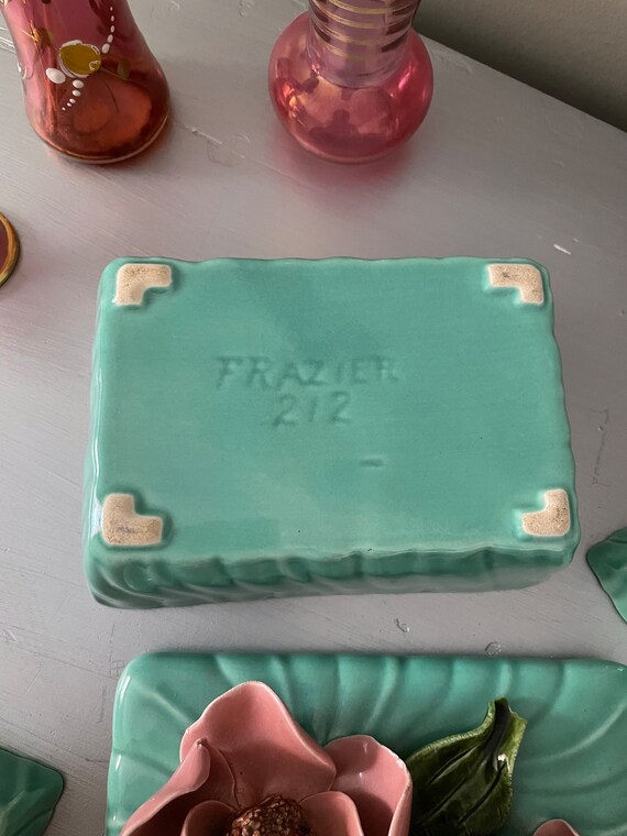 Trinket box vintage Frazier 212 turquoise with ro… - image 4