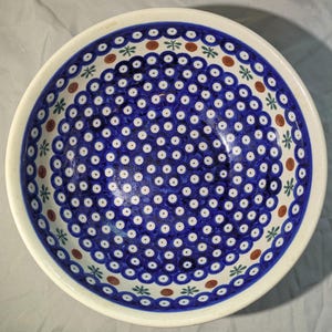May include: A large, white ceramic bowl with a blue and white polka dot pattern and a brown and green border. The bowl is perfect for serving salads, pasta, or fruit.