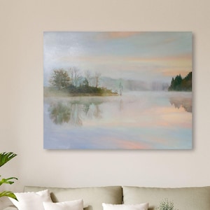 Landscape painting | River art | Neutral river painting | River Forest Painting | Minimal Landscape | River Landscape Painting | River fog 3
