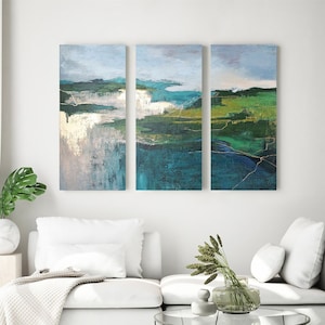 Green abstract triptych wall art | Triptych abstract nature | Triptych abstract landscape painting | Three piece wall art | North Triptych