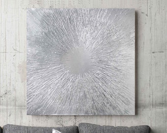 Textured Silver Painting on Canvas | Original Modern Abstract Painting | Mid Century Modern Decor in Silver | Starburst Art | Silver sun