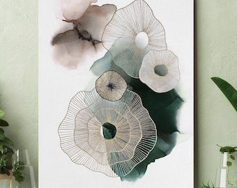 May include: Abstract art print featuring watercolor washes in shades of green, brown, and pink. Overlaid are delicate, circular line drawings in a neutral color, creating a layered effect. The artwork is displayed on a white canvas.