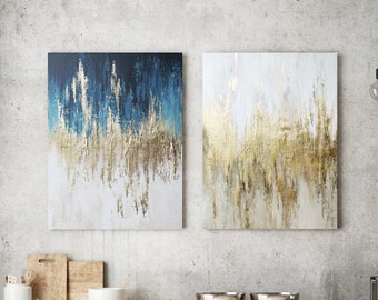 Abstract Painting in Blue and Gold | Navy Gold and Whyte Gold Wall Art | Set of Two Abstract| Elegant White and Navy Wall Decor | Polarity
