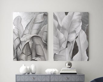 Feather painting | Feather oil | Silver Feather set of 2 | Tropical leaf painting | Banana leaves set of 2 | Tropical leaf | Silver leaves 3