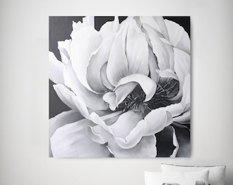 White Peony Painting Canvas | Modern Original Black and White Peony Painting | Floral Painting for Over the Couch Art | "White peony"