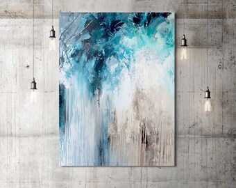 Blauwgroen blauw abstract schilderij | Moderne verticale canvaskunst | Waterstromen