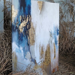 Original Modern Huge Acrylic Painting Abstract Blue Gold Beige Gray Brown White Canvas Wall decor gold blue abstract painting artwork | Flow