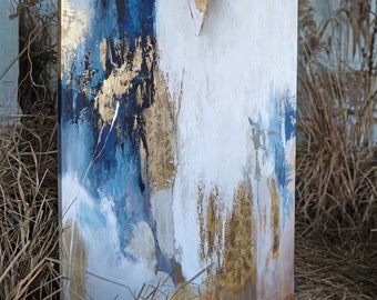 Original Modern Huge Acrylic Painting Abstract Blue Gold Beige Gray Brown White Canvas Wall decor gold blue abstract painting artwork | Flow