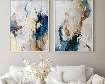 Blau und Gold abstrakte Malerei | 2er Set Abstrakte Kunst | blaugraues 2er-Set | Blau und Gold Wandkunst | Blau- und Goldmalerei | Fließ Set 2