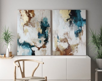 Original Modern Acrylic Painting Abstract Blue Gold Beige Gray Brown White Painting on Canvas Set of 2 Abstract blue Wall art Flux Set
