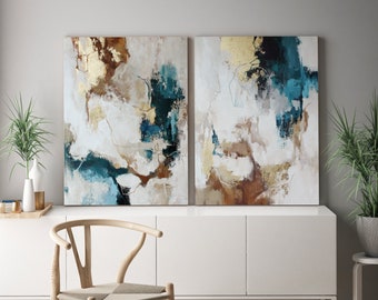 Original Modern Acrylic Painting | Abstract Blue Gold Beige Gray Brown White Painting on Canvas | Set of 2 Home Wall art handpainted |"Flux"