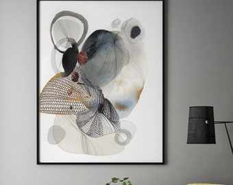 Gemälde mit Alkohol-Tinte | Wandbild mit blauer und goldener Tusche | Abstrakte Tusche auf Leinwand | Moderne Fluid Art | Original mit goldenen Molekülen in Tusche | Tanzende Formen