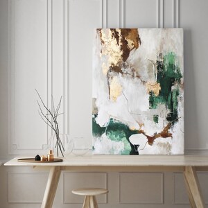 キャンバスに描かれた緑、白、金の抽象画 | オリジナルモダンアート