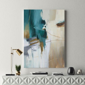 Teal Abstract Painting Canvas | Abstract paintings ivory teal gray | Abstract Teal Gray Painting | Teal White Abstract Wall art | Melody 3