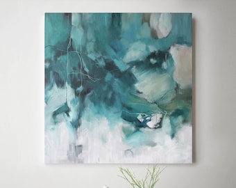 Mintgrön abstrakt målning - Kvadratisk turkos canvastavla Fine Line Decor | Mintgrön