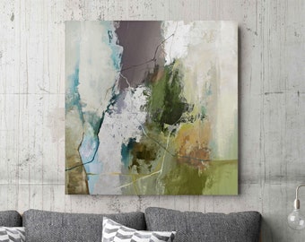 Olive Green, Sage & Silver Leaf Abstract Wall Art – Square Mineral Landscape Canvas Painting | Olive Hill