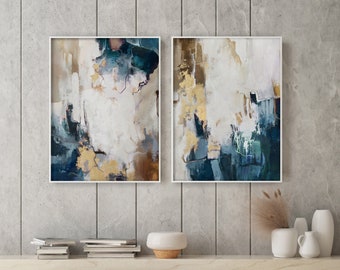 Blågrön abstrakt målning | Blågrön guld väggkonst | Turkos canvas | Modern blågrön väggdekoration | Smaragdblå original | Diptyk set om 2 Breeze set