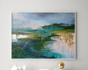 抽象的な自然 | 抽象的な風景画 | 緑と金の抽象的な壁画