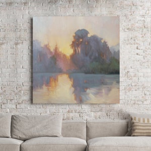 Neutral art | River sunsut | Sunset on the river | Landscape painting | Landscape oil painting | Neutral river painting | Evening Fog