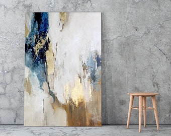 Original Modern Huge Acrylic Painting Abstract Blue Gold Beige Gray Brown White Canvas Home Living room Wall decor byMatis Art named" Flow "