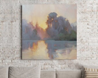 Arte neutro / Atardecer en el río / Atardecer en el río / Pintura de paisaje / Pintura al óleo de paisaje / Pintura de río neutro / Niebla vespertina