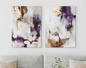 Abstrakte Malerei Lila | Lila abstraktes Wandbild | Lila Goldmalerei | Lila gold Wandkunst | Abstrakt violett und gold | Pink Flux Set