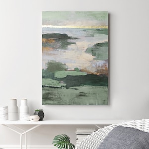 May include: Abstract landscape painting with green, brown, and white brushstrokes. The painting has a textured surface and a gold accent.