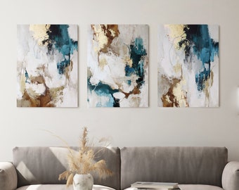 Abstrakt triptyk med bladguld i blågrönt, set med 3 kanvastavlor, modern väggdekoration | Flux set med 3