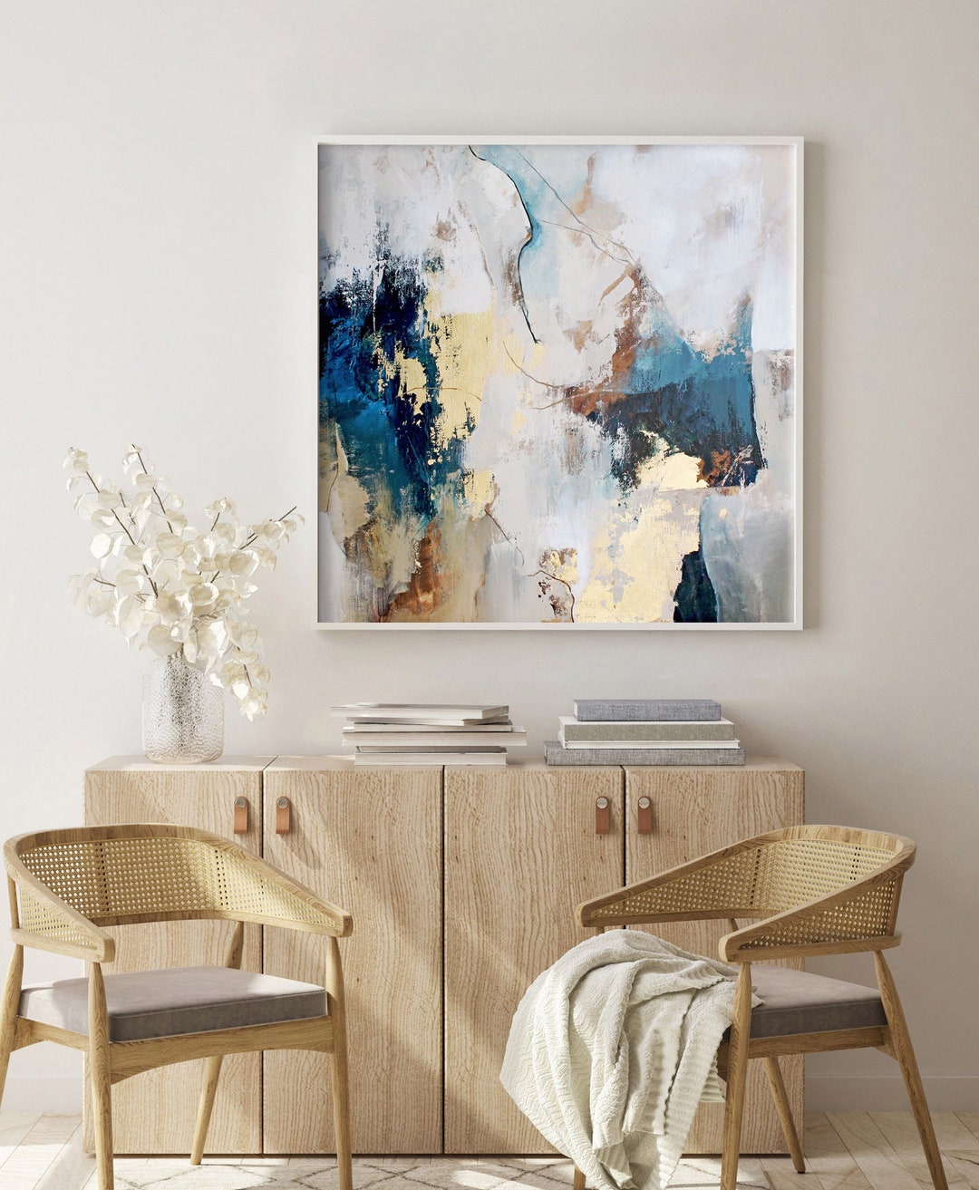 オリジナルの青と金の壁アート | 青と金の正方形の絵画 | キャンバス