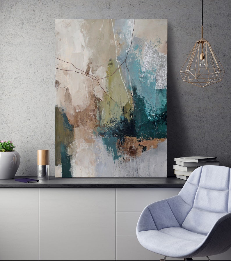 Painting Teal Green Abstract Blue Wall Art Blue Silver Etsy